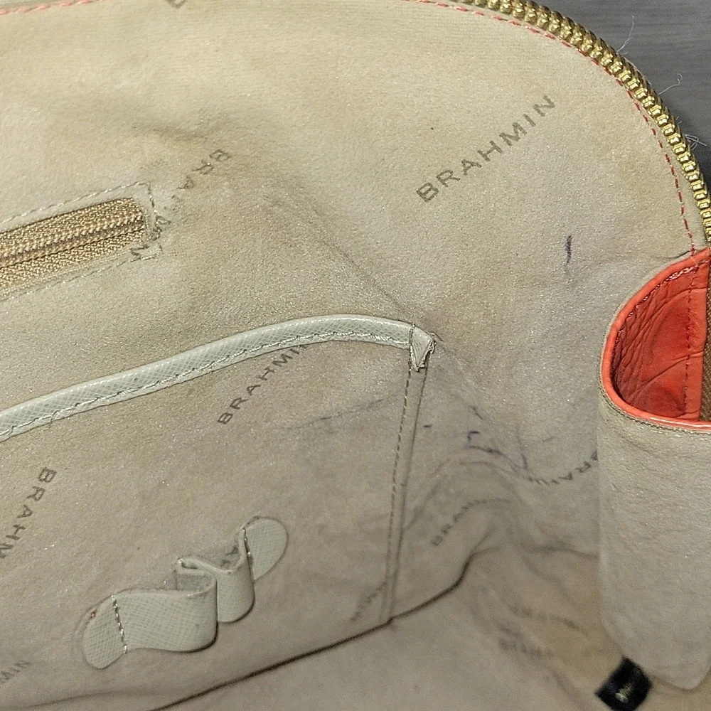 Brahmin Cream/Orange Croc Embossed Leather Dome Satchel Bag
